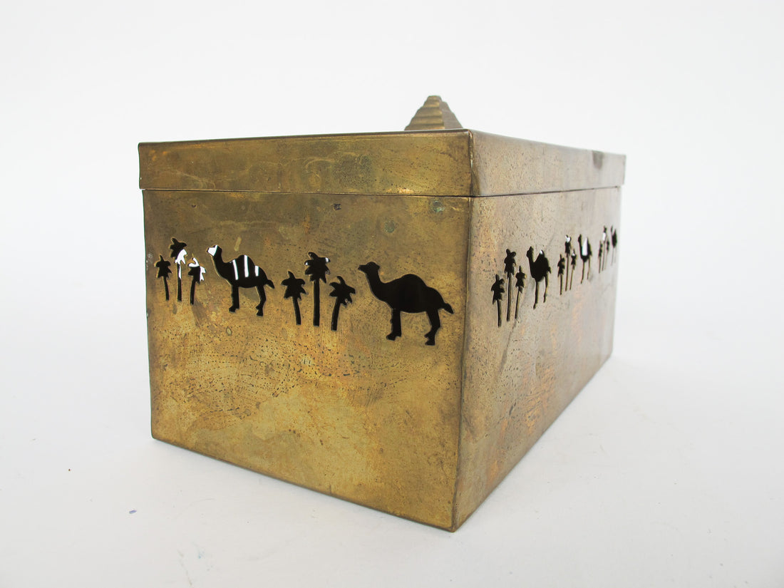 Vintage Brass Box with Pyramid Pull and Camel Palm Tree Cutouts