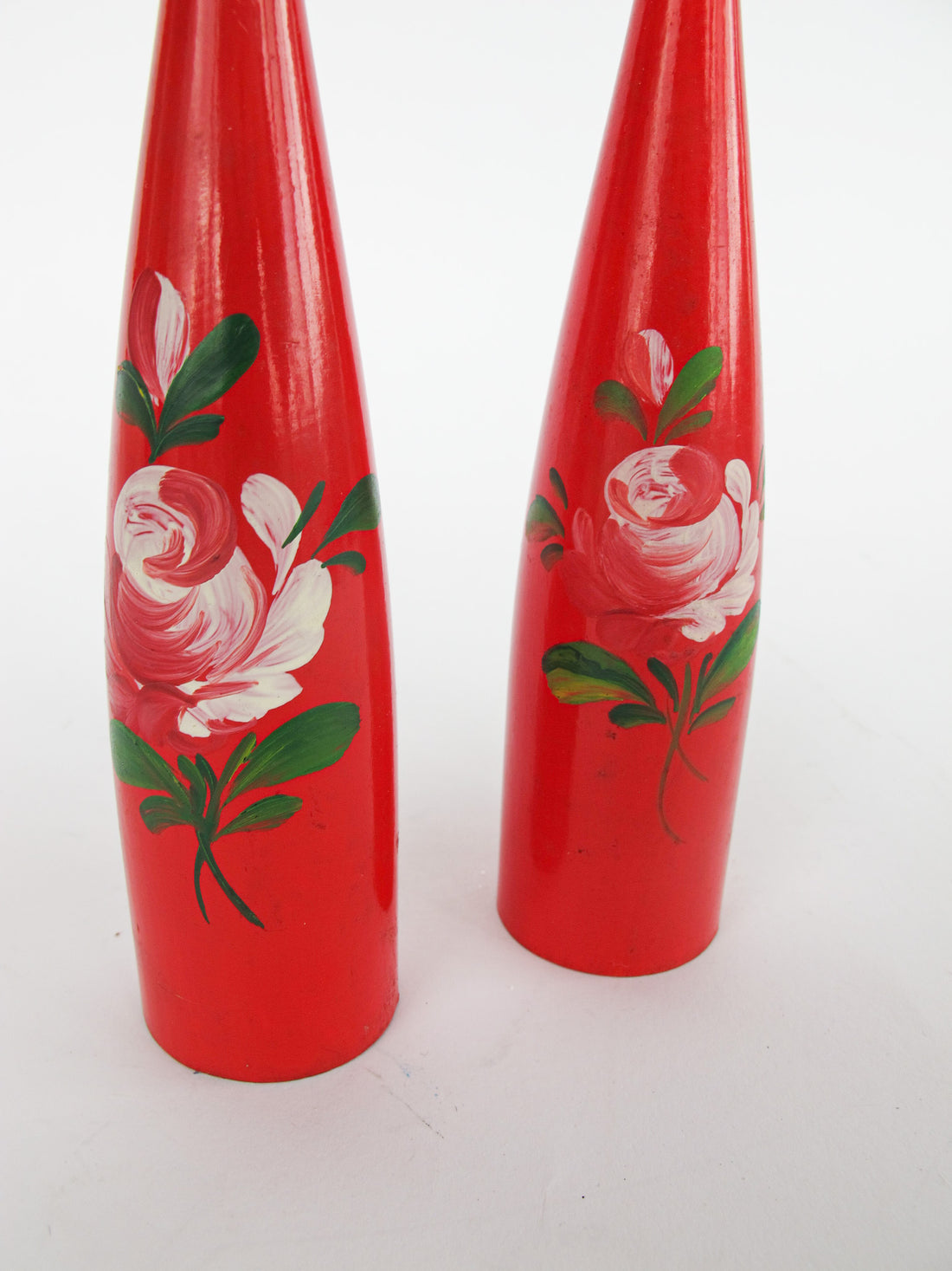 Set of 2 Midcentury Red Candlesticks with Floral painted detailing - Marked Denmark