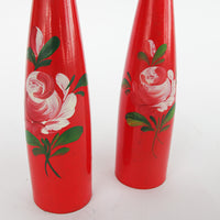 Set of 2 Midcentury Red Candlesticks with Floral painted detailing - Marked Denmark