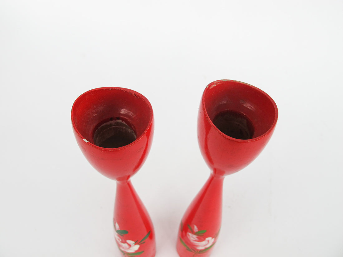 Set of 2 Midcentury Red Candlesticks with Floral painted detailing - Marked Denmark