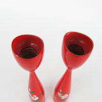 Set of 2 Midcentury Red Candlesticks with Floral painted detailing - Marked Denmark