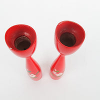 Set of 2 Midcentury Red Candlesticks with Floral painted detailing - Marked Denmark