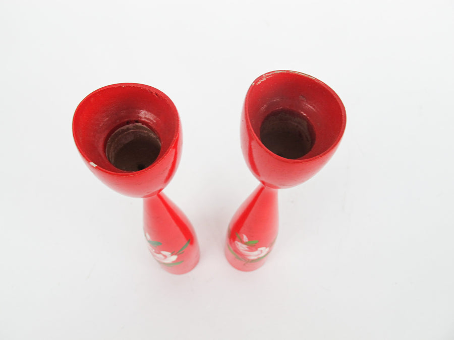 Set of 2 Midcentury Red Candlesticks with Floral painted detailing - Marked Denmark