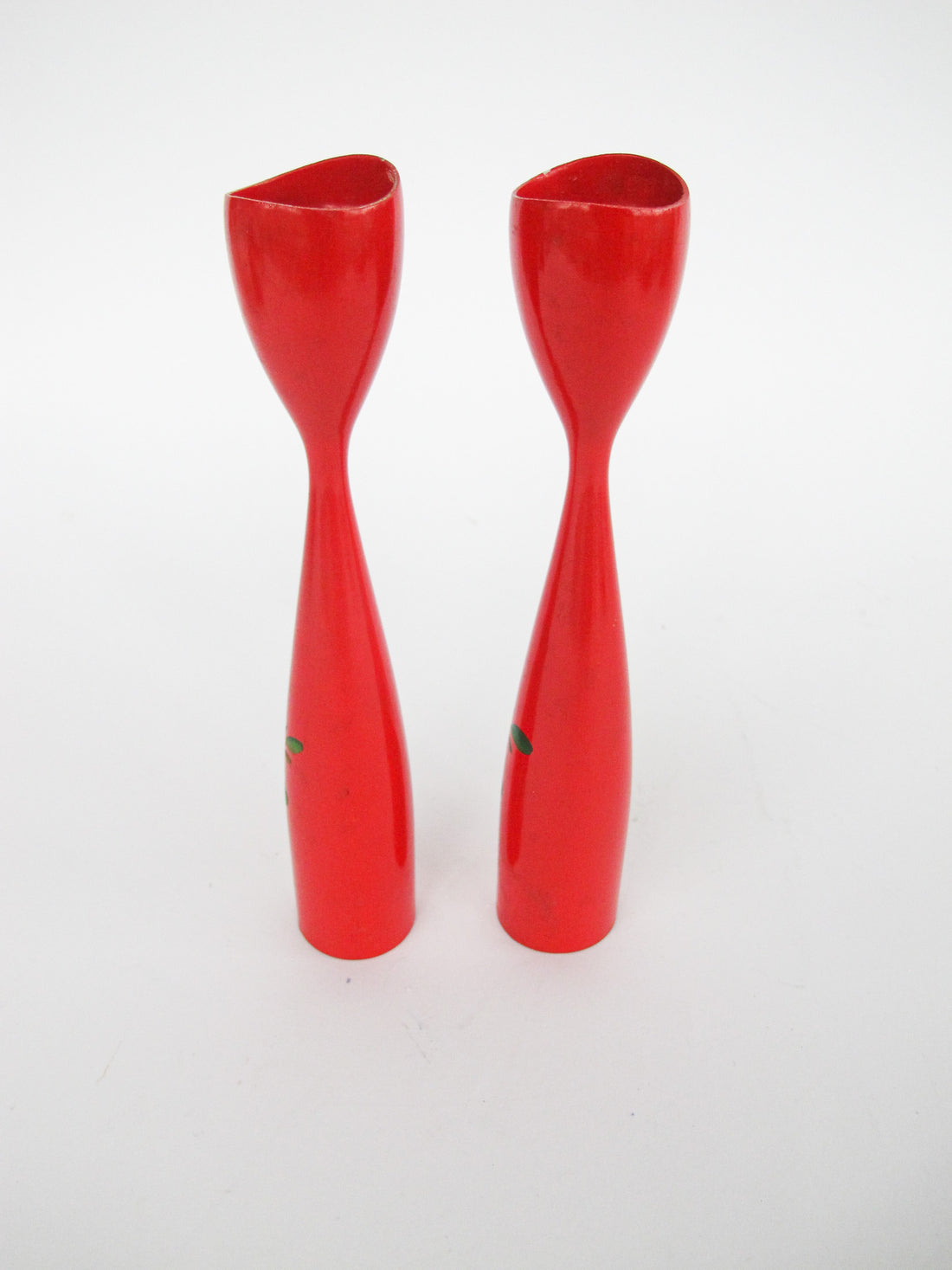 Set of 2 Midcentury Red Candlesticks with Floral painted detailing - Marked Denmark
