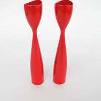 Set of 2 Midcentury Red Candlesticks with Floral painted detailing - Marked Denmark