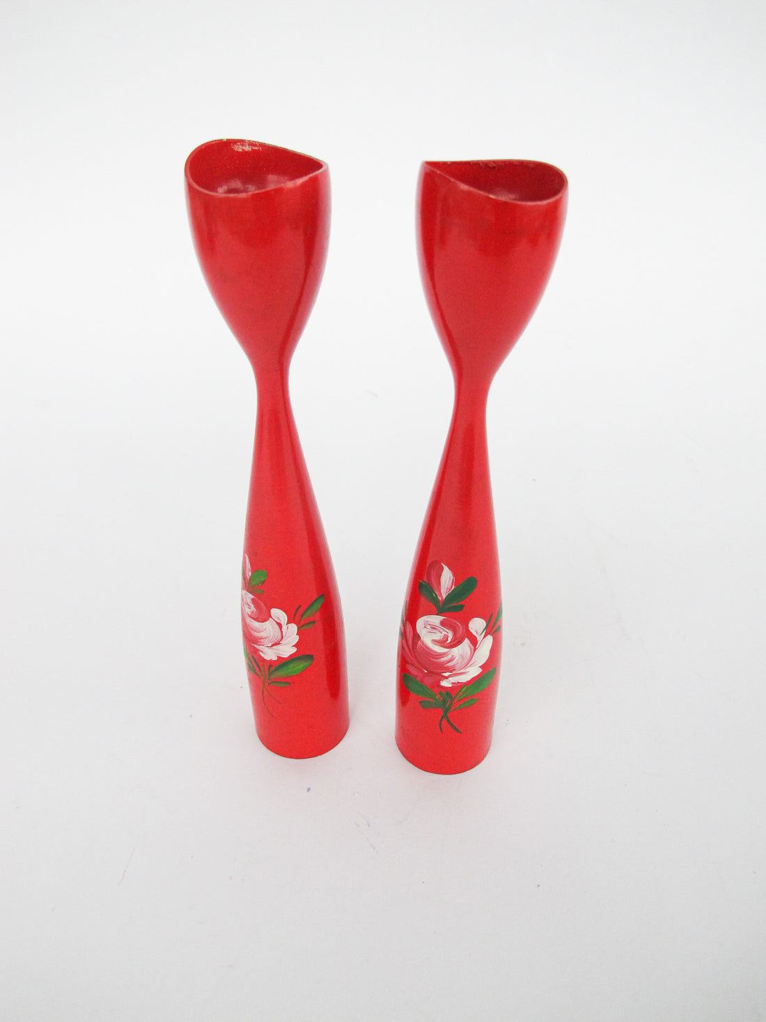 Set of 2 Midcentury Red Candlesticks with Floral painted detailing - Marked Denmark