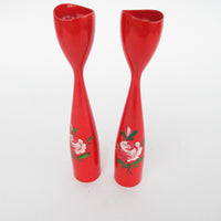 Set of 2 Midcentury Red Candlesticks with Floral painted detailing - Marked Denmark