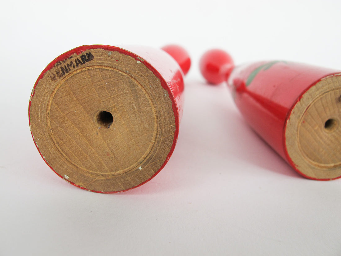 Set of 2 Midcentury Red Candlesticks with Floral painted detailing - Marked Denmark