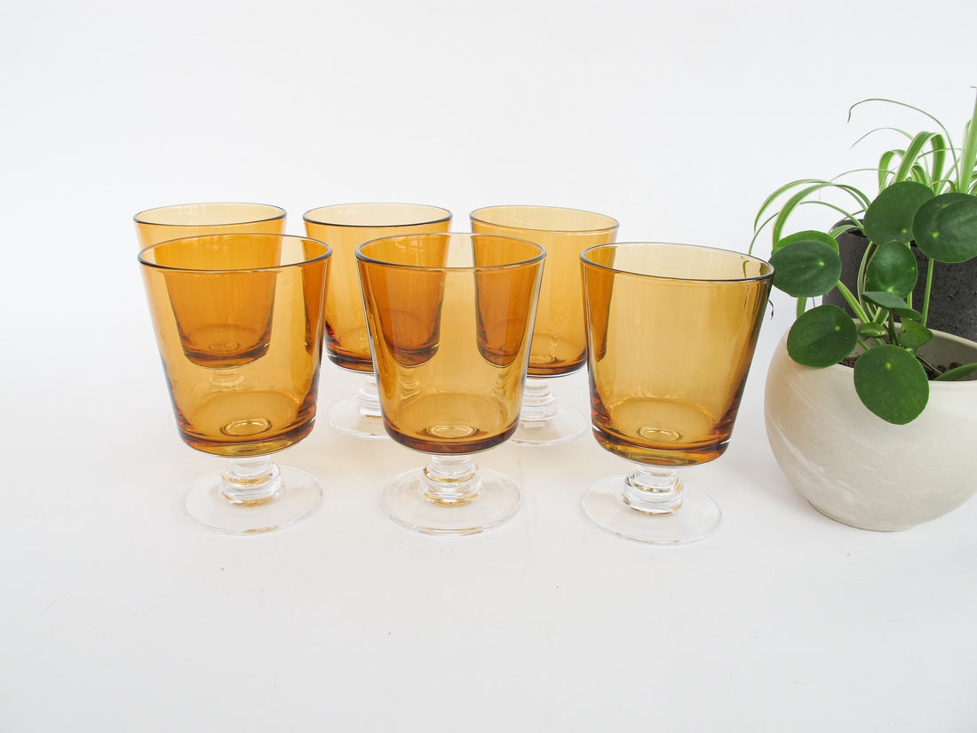 Set of 6 Stemmed Amber and Clear Glasses Made in Poland