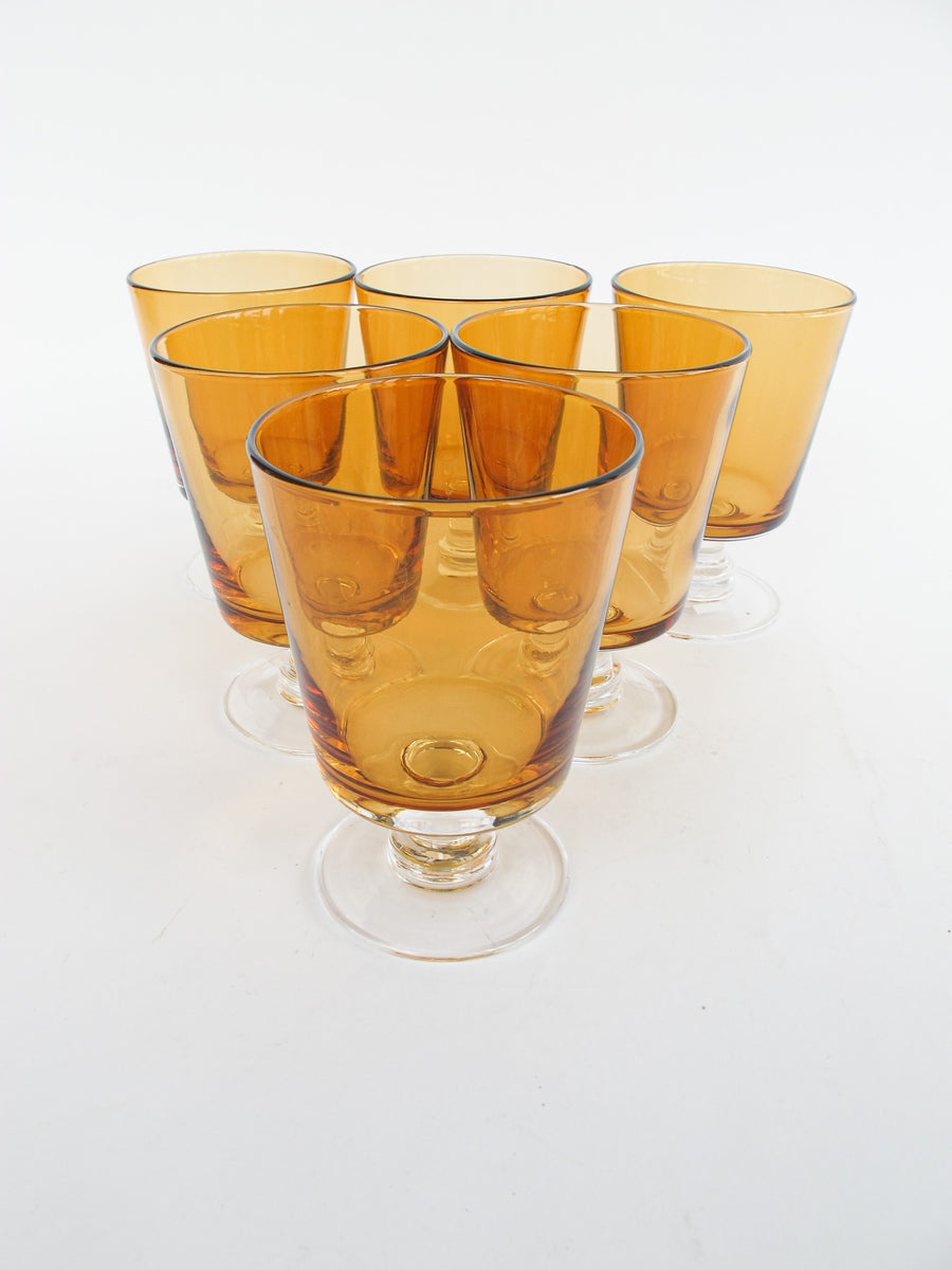 Set of 6 Stemmed Amber and Clear Glasses Made in Poland