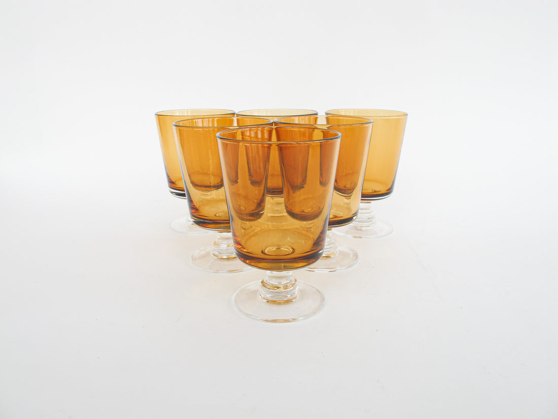 Set of 6 Stemmed Amber and Clear Glasses Made in Poland