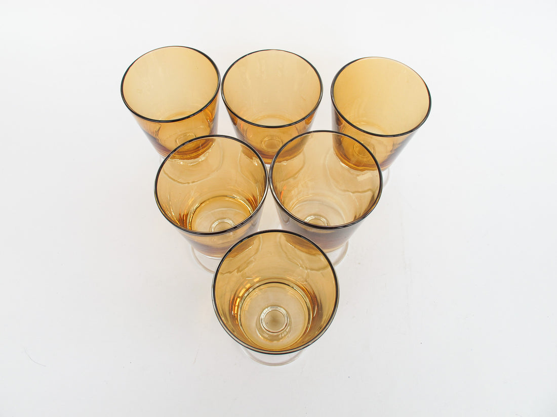 Set of 6 Stemmed Amber and Clear Glasses Made in Poland