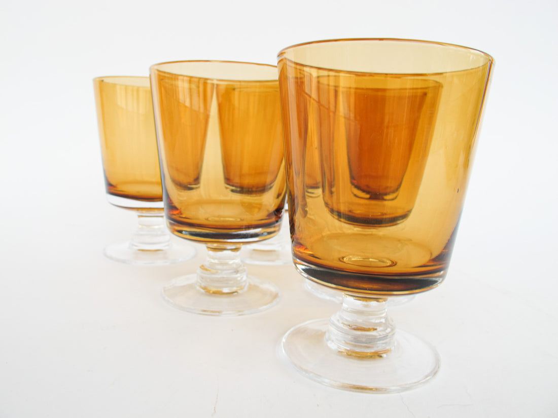 Set of 6 Stemmed Amber and Clear Glasses Made in Poland