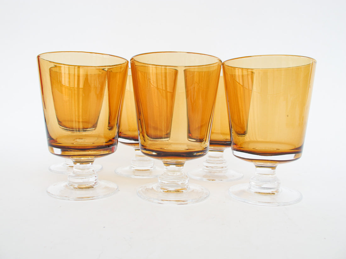 Set of 6 Stemmed Amber and Clear Glasses Made in Poland