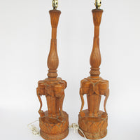 Set of 2 Wood Carved Elephant Base Lamps