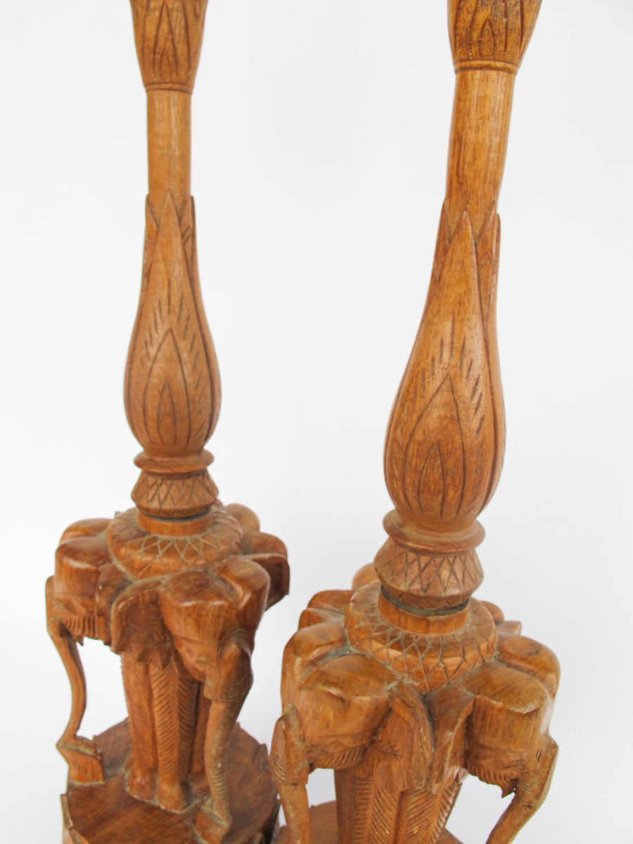 Set of 2 Wood Carved Elephant Base Lamps
