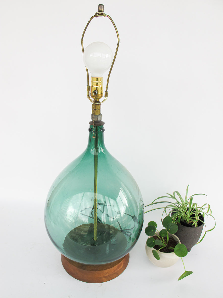 Hand Blown Italian Glass Demijohn Wine Jug Lamp with Wood Base