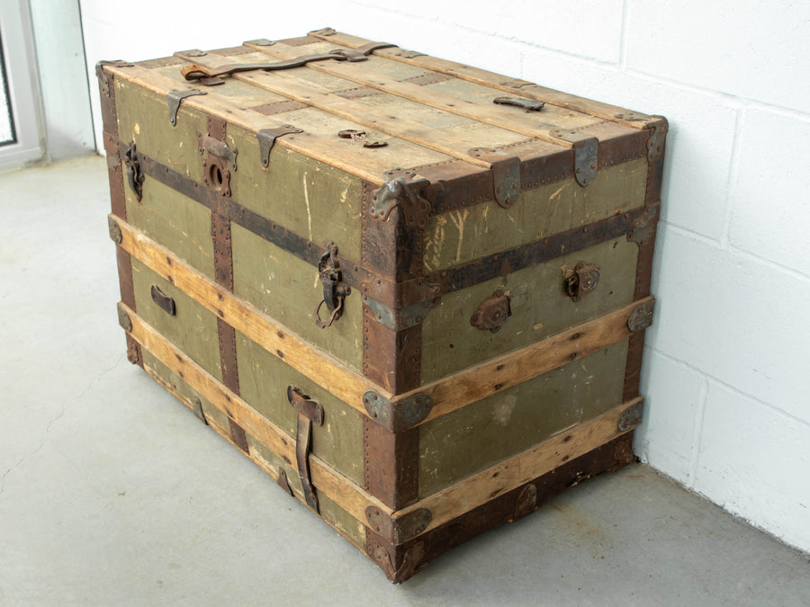 Green Metal Trunk With Wood and Leather