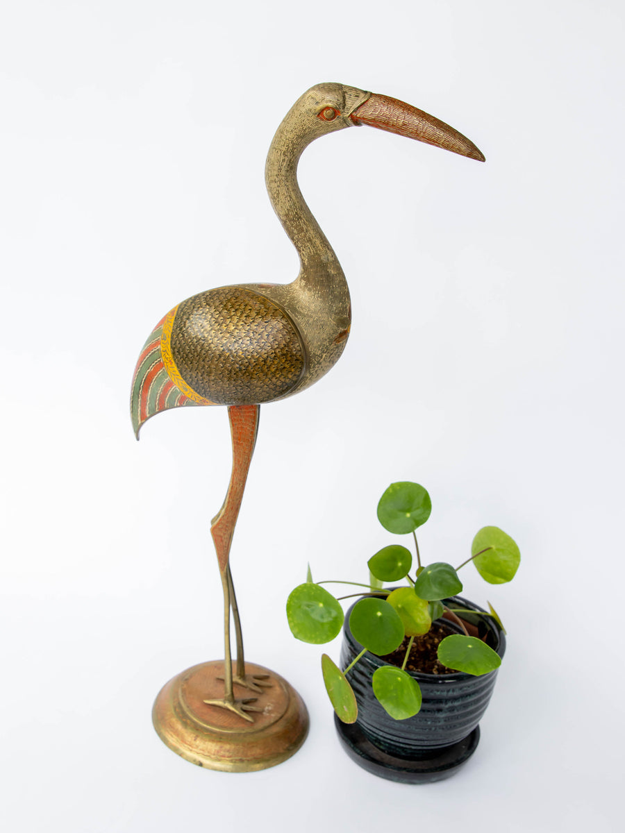 Brass Enameled Crane Statue