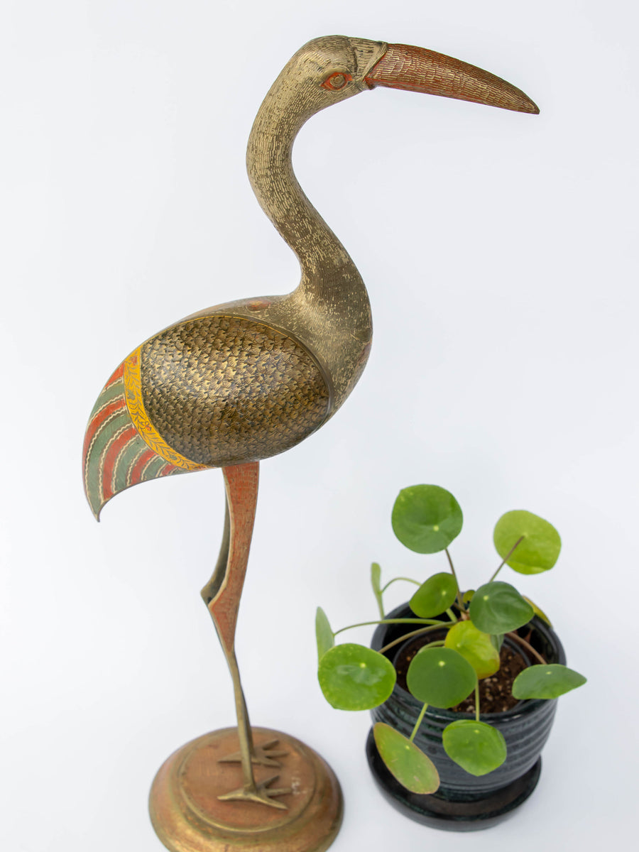 Brass Enameled Crane Statue