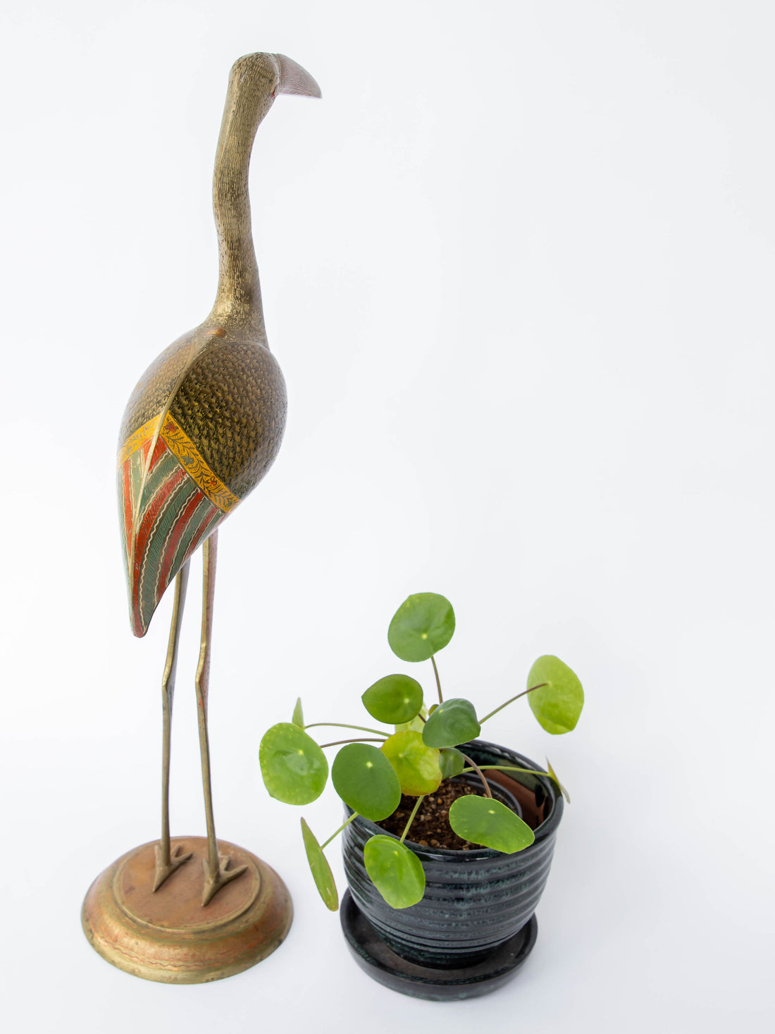 Brass Enameled Crane Statue