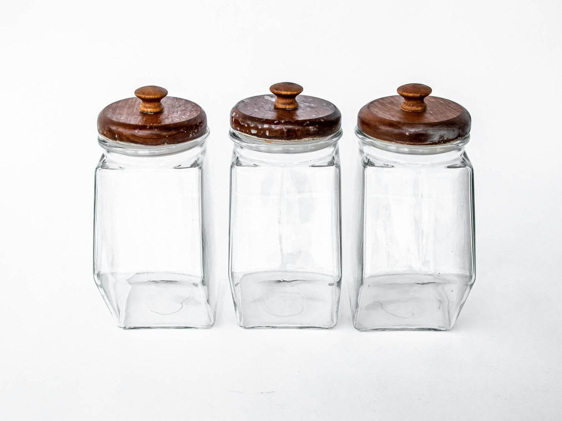 Set of 3 Glass Hexagon Canisters with Teak Lids