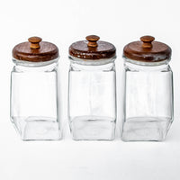 Set of 3 Glass Hexagon Canisters with Teak Lids