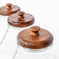 Set of 3 Glass Hexagon Canisters with Teak Lids