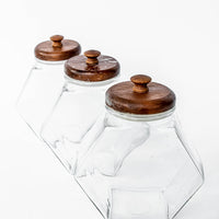 Set of 3 Glass Hexagon Canisters with Teak Lids