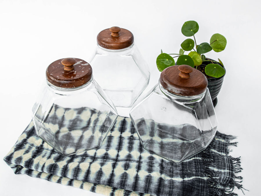 Set of 3 Glass Hexagon Canisters with Teak Lids