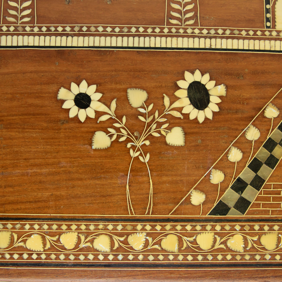 Gorgeous Hand-Carved Hexagon Vintage Bohemian Solid Wood Coffee Table with White Shell Inlay