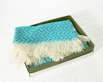 Woven Pendleton Lap Blanket Throw with Box - Blue and White with Fringe