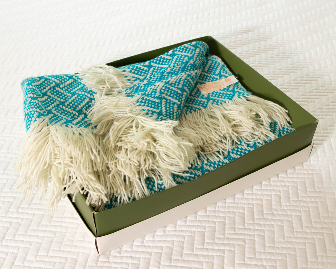 Woven Pendleton Lap Blanket Throw with Box - Blue and White with Fringe