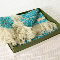 Woven Pendleton Lap Blanket Throw with Box - Blue and White with Fringe