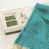 Woven Pendleton Lap Blanket Throw with Box - Blue and White with Fringe