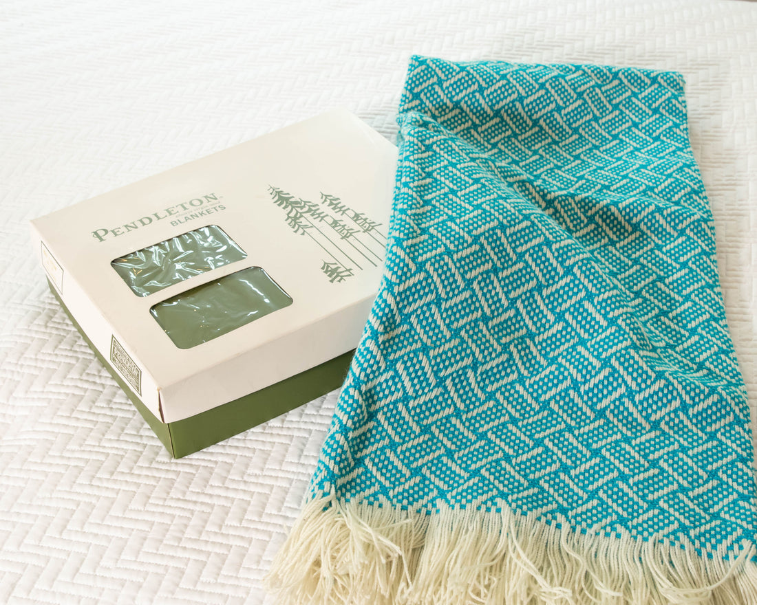 Woven Pendleton Lap Blanket Throw with Box - Blue and White with Fringe