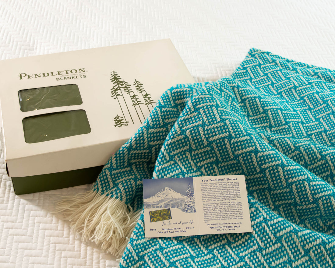 Woven Pendleton Lap Blanket Throw with Box - Blue and White with Fringe