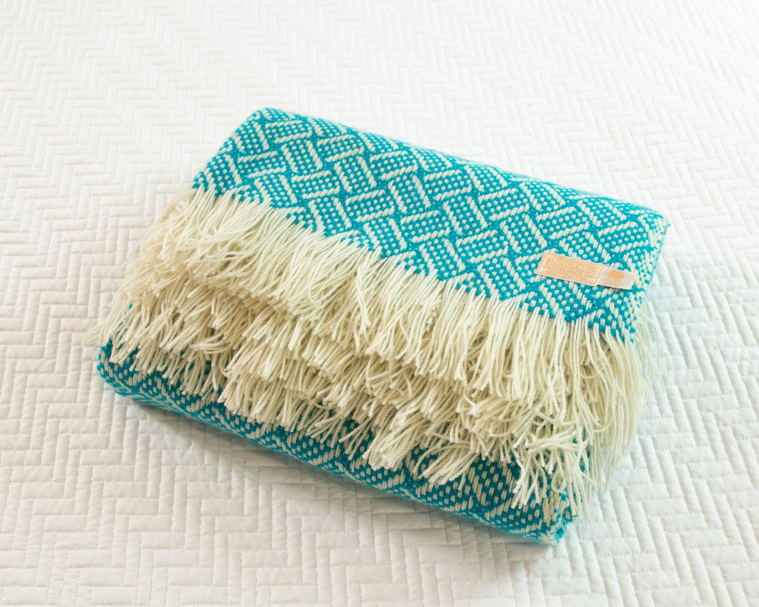 Woven Pendleton Lap Blanket Throw with Box - Blue and White with Fringe