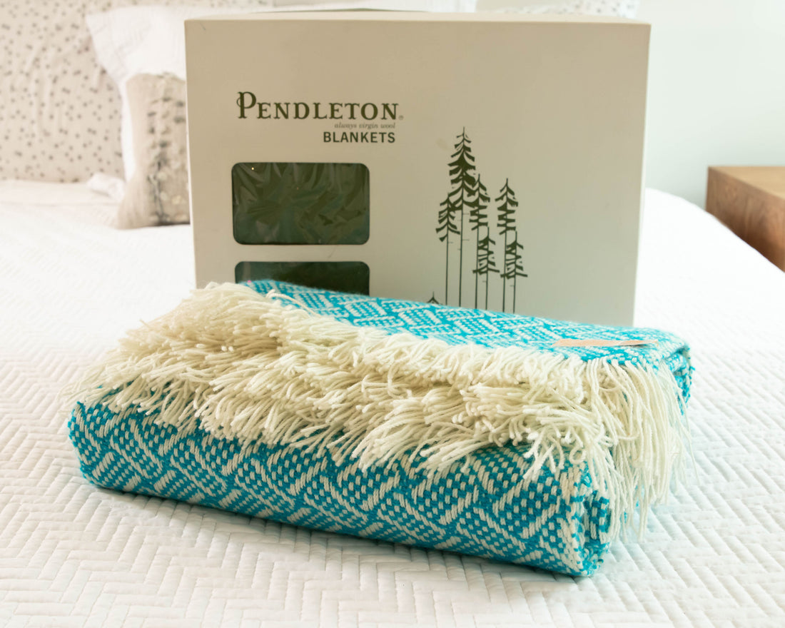 Woven Pendleton Lap Blanket Throw with Box - Blue and White with Fringe