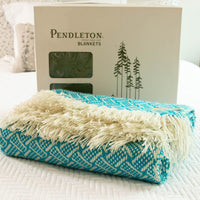 Woven Pendleton Lap Blanket Throw with Box - Blue and White with Fringe