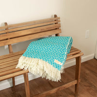 Woven Pendleton Lap Blanket Throw with Box - Blue and White with Fringe