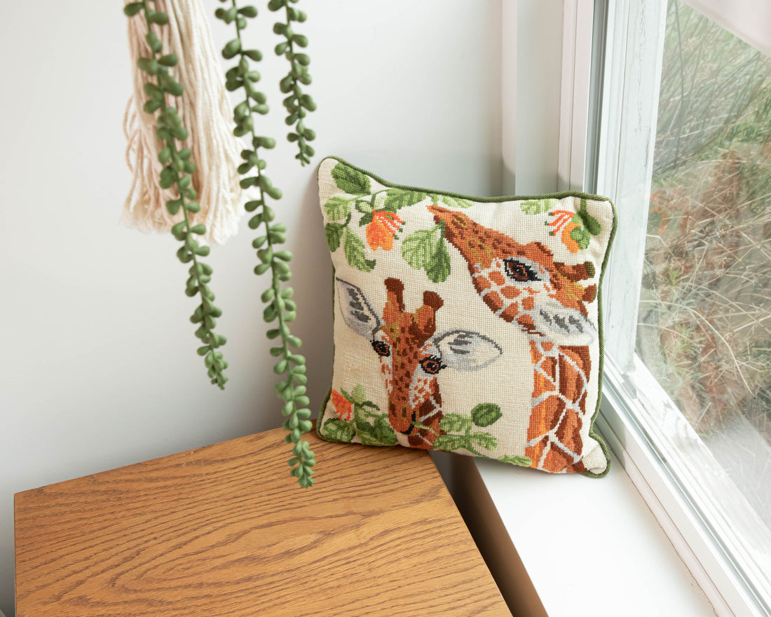 Hand Thatched Embroidery Style Giraffe Pillow