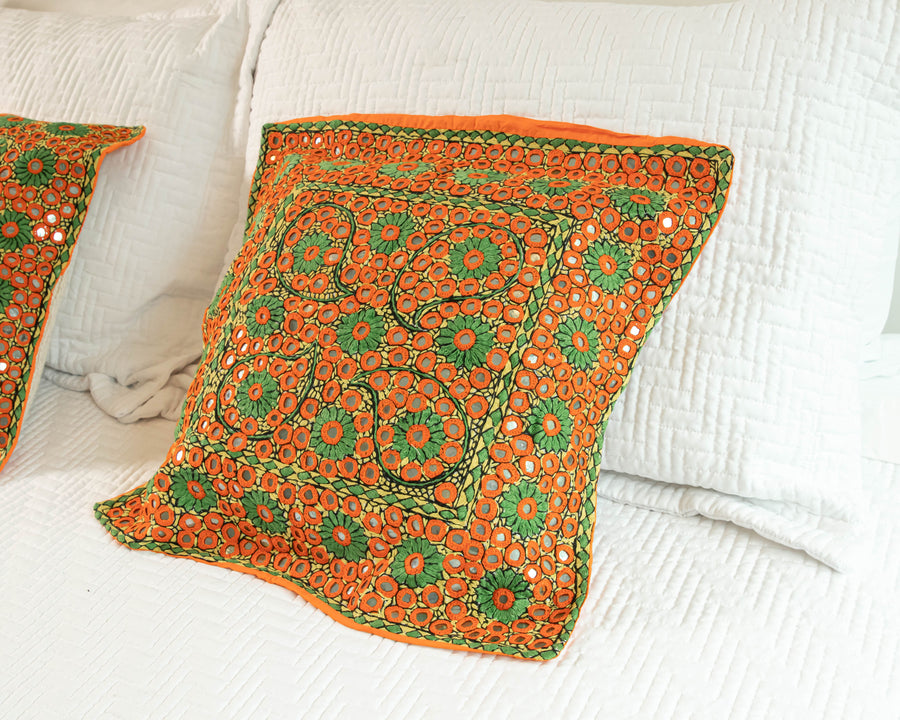 Indian Embroidered Pillowcases with Mirrors in Orange and Green