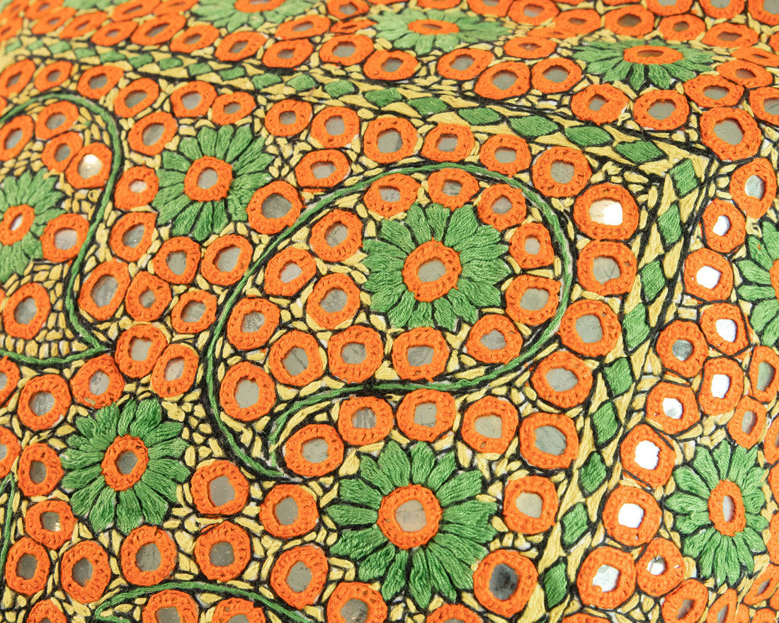 Indian Embroidered Pillowcases with Mirrors in Orange and Green