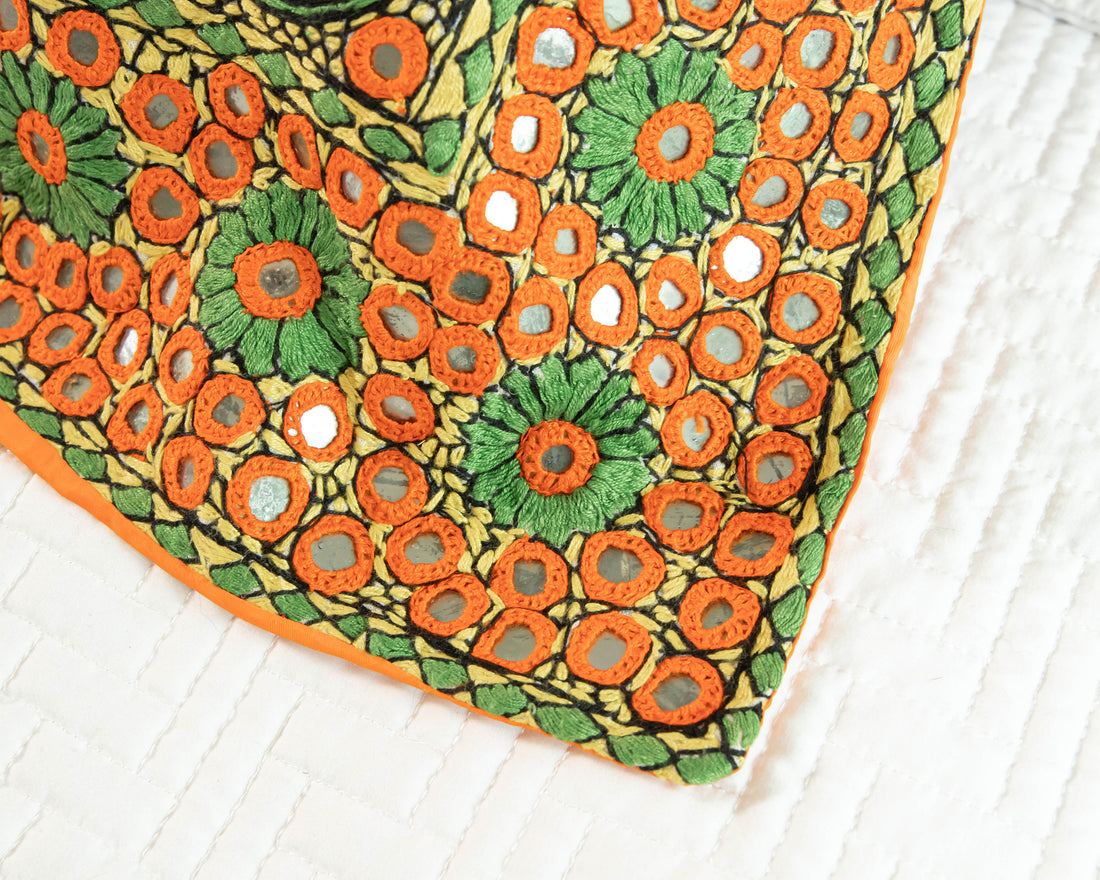 Indian Embroidered Pillowcases with Mirrors in Orange and Green