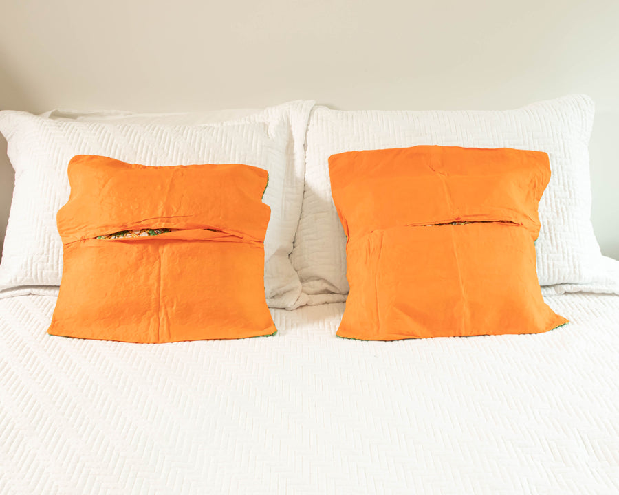 Indian Embroidered Pillowcases with Mirrors in Orange and Green