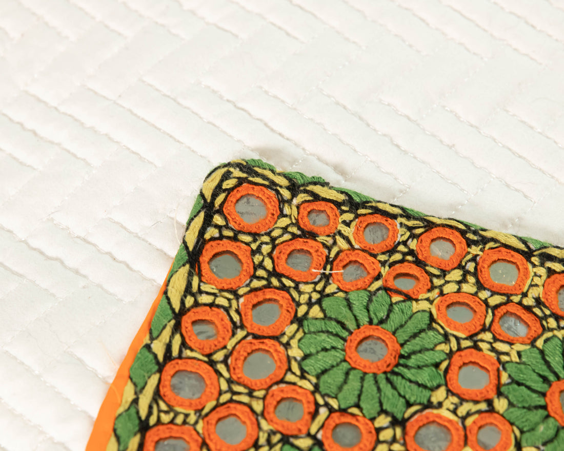 Indian Embroidered Pillowcases with Mirrors in Orange and Green