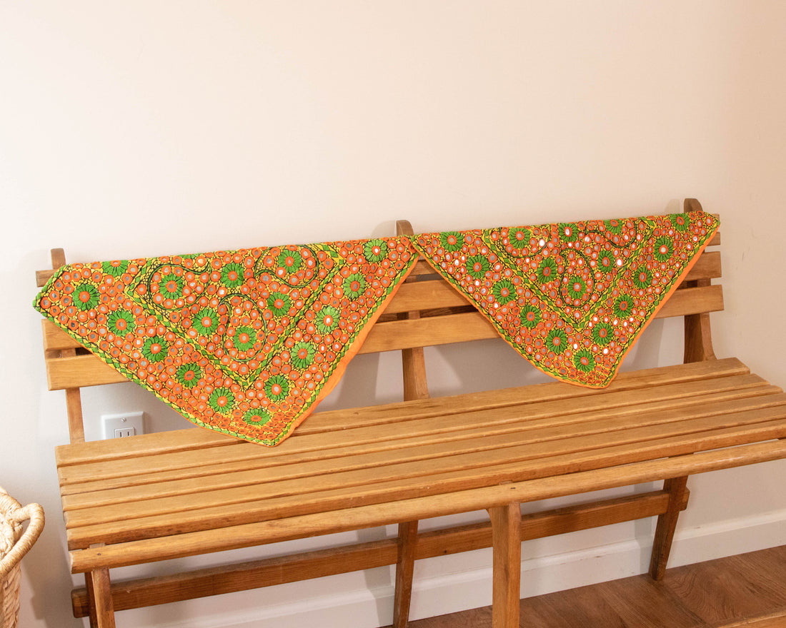 Indian Embroidered Pillowcases with Mirrors in Orange and Green