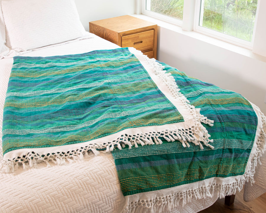 Green and Blue Stripe Indian Cotton Full Blankets with Fringe (Sold Individually)