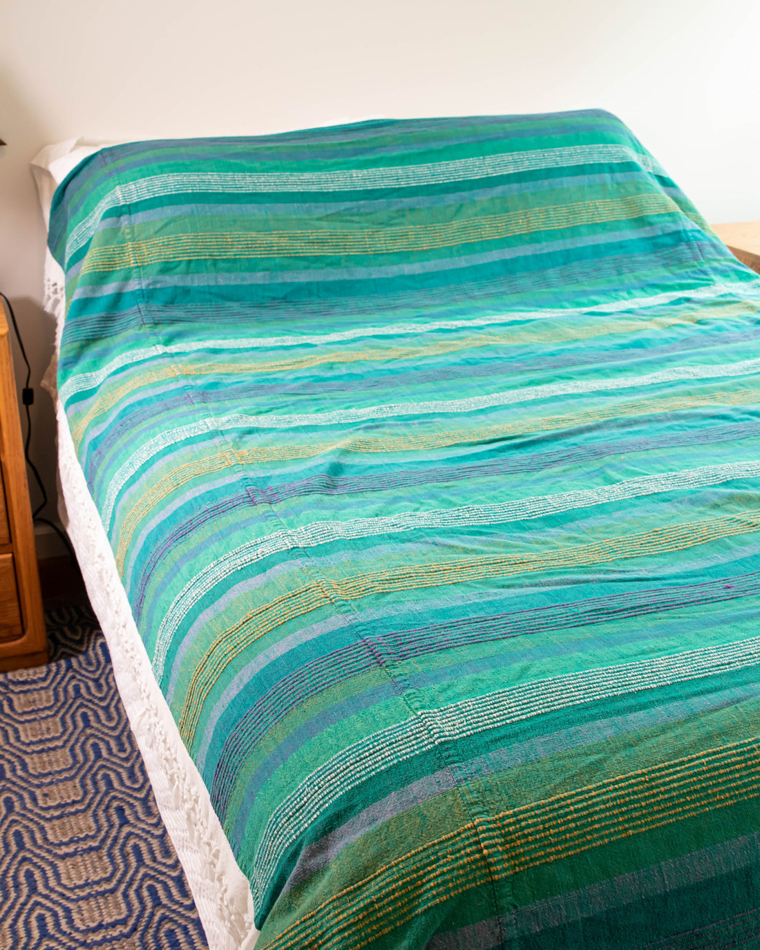 Green and Blue Stripe Indian Cotton Full Blankets with Fringe (Sold Individually)